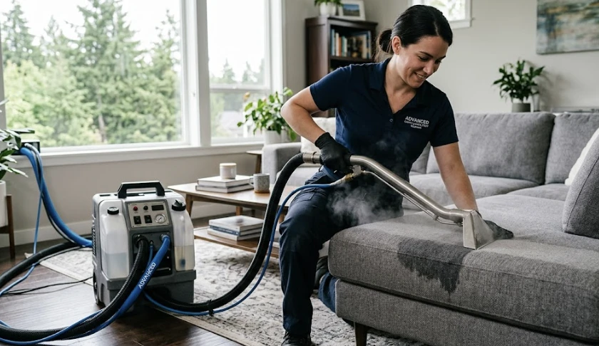 Professional using hot water extraction equipment to clean a gray fabric sofa in a Bothell WA home, steam and extraction hose visible, bright living room setting