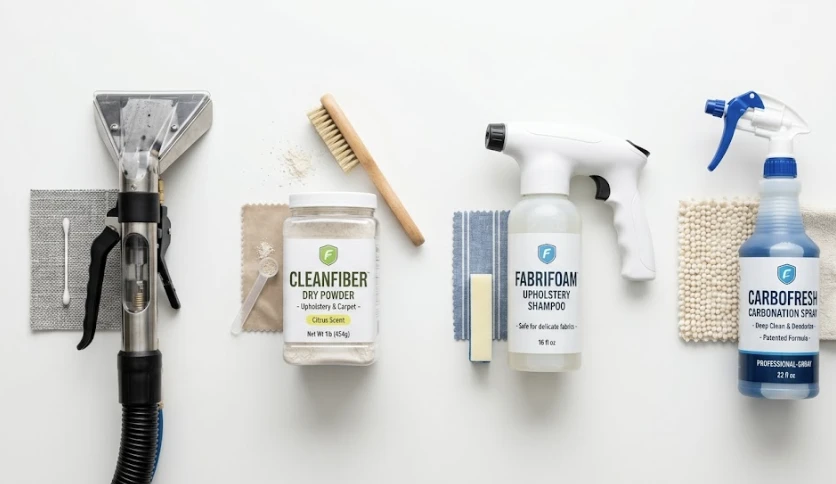 Side-by-side visual guide showing four upholstery cleaning methods — steam extraction, dry compound, foam shampoo, and carbonation — with fabric samples and cleaning tools on a clean white surface