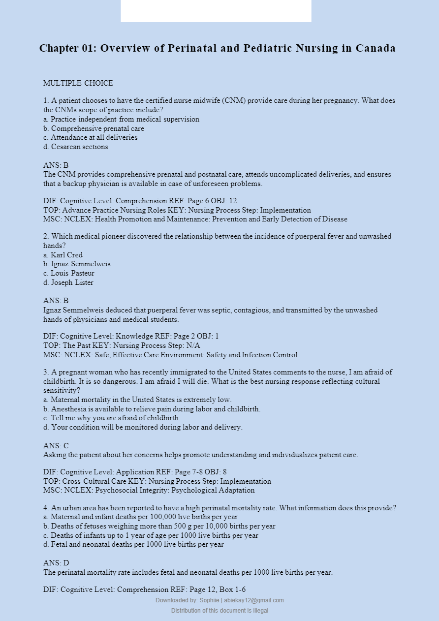 Test Bank for Leifer’s Introduction to Maternity and Pediatric Nursing in Canada 9th Edition by Gloria Leifer